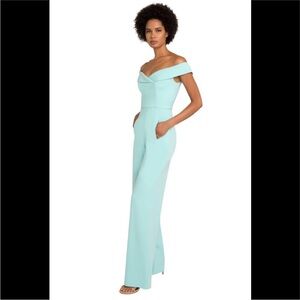 Black Halo Yoli Jumpsuit Aruba Blue Wide Leg off shoulder with pockets Size 2